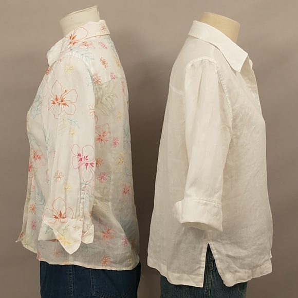 Two 100% Linen Blouses Lightweight White + 3/4 sleeve M Natural Fiber one floral - Picture 4 of 13